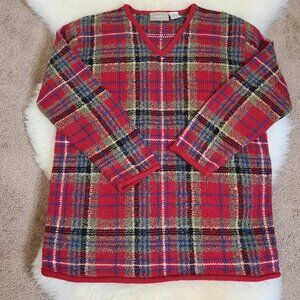 Vintage 90's Liz Claiborne V Neck Wool Blend Plaid Sweater - M